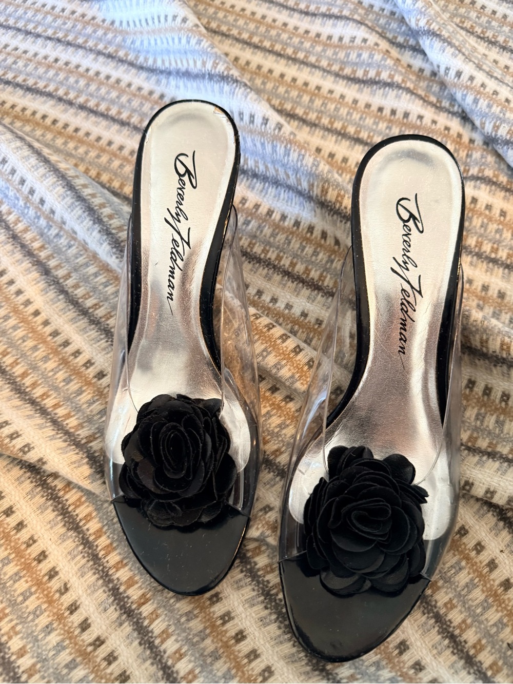 Beverly Feldman Vintage Floral Lucite Wedge Mules | Black Rosette Sandals Size 6